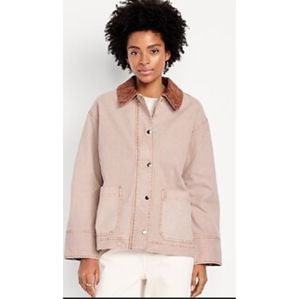 Old Navy Womens Canvas Barn Jacket XL Corduroy Collar Utility Chore Rose Pink